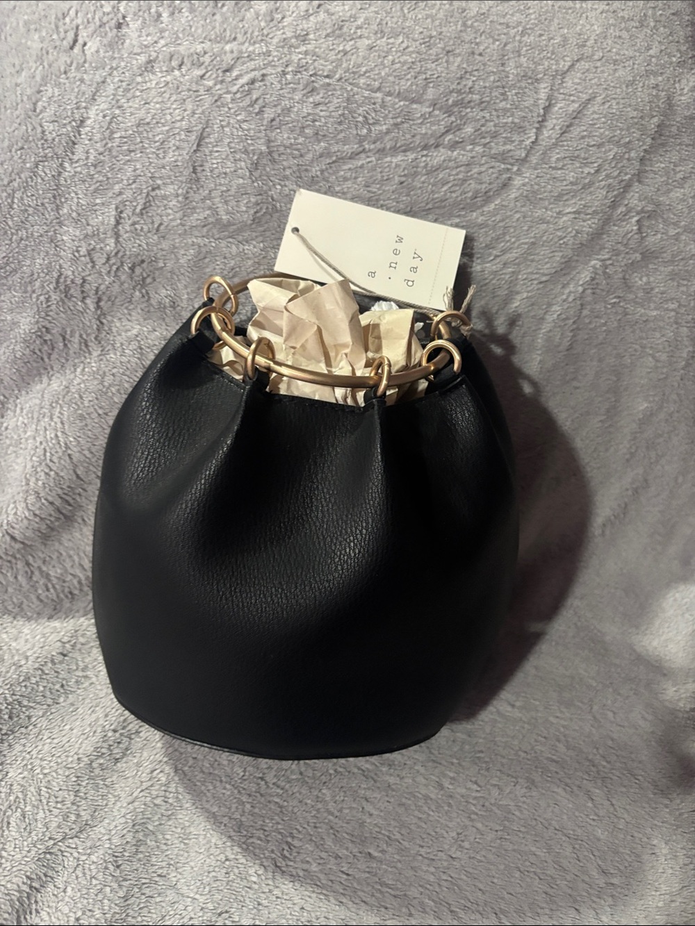Black Mini Bucket Bag with Gold Chain Handle
